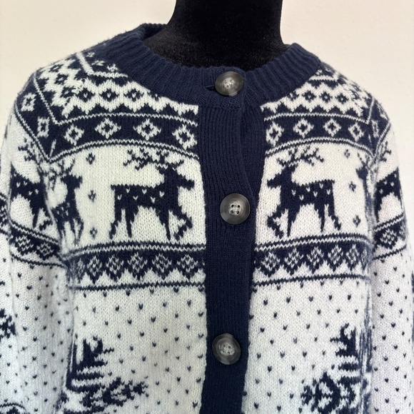 Old Navy Snowflake Reindeer Christmas Fair Isle Navy Cardigan - Picture 2 of 5